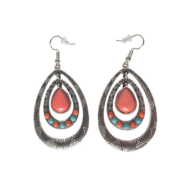 Boho Teardrop Dangle Earrings Coral Turquoise Beads Silver Tone Southwest Style - Picture 1 of 2